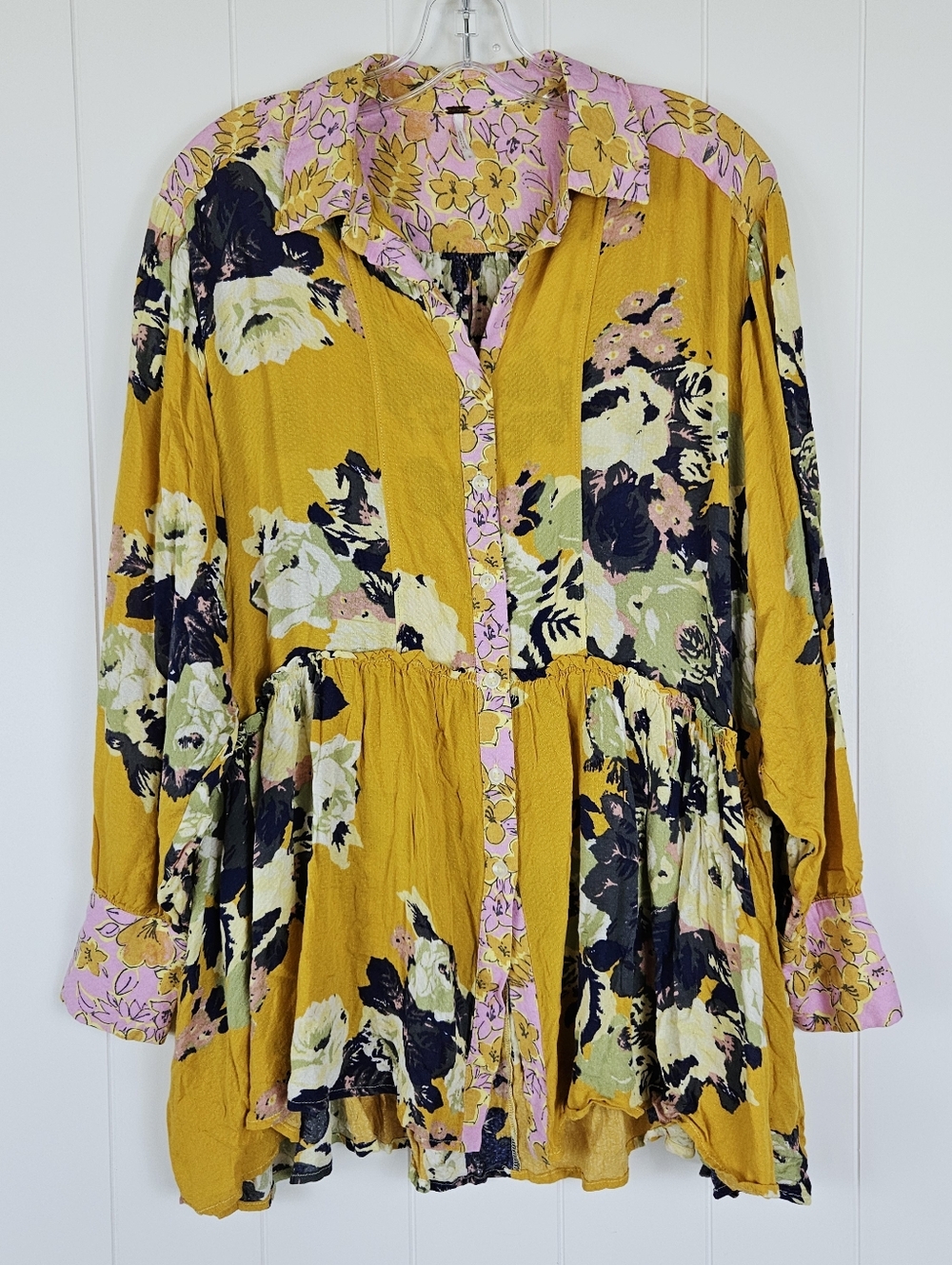 Free People Tunic Flowy Brunch A Bunch Yellow Floral Womens Small Loose Festival